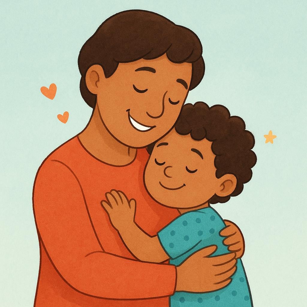 A smiling adult figure gently embracing a small child, illustrating a deep bond of affection and endearment.