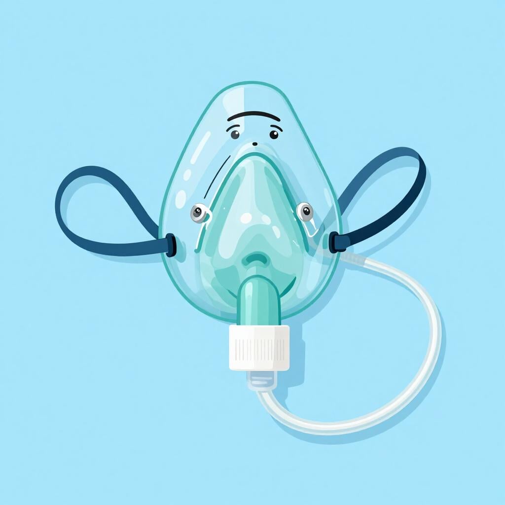 Une illustration en gros plan d'un masque à oxygène médical transparent posé sur une surface douce, relié à un tube blanc propre.