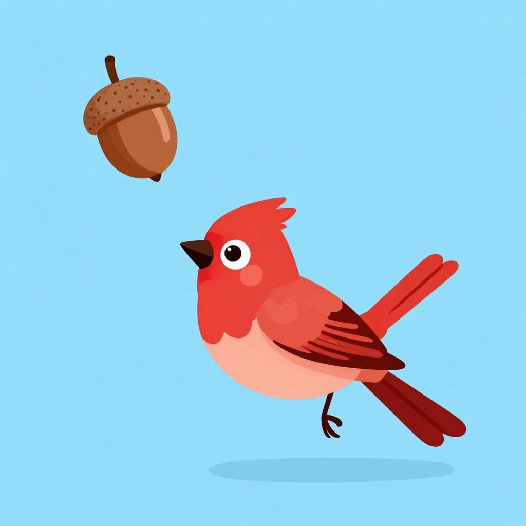 Un piccolo uccello rosso che vola velocemente di lato per evitare una grande ghianda che cade.