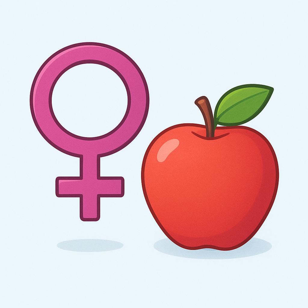 A simple depiction of the Venus symbol (circle with cross below) placed next to a red apple, visually representing the concept of feminine grammatical gender.