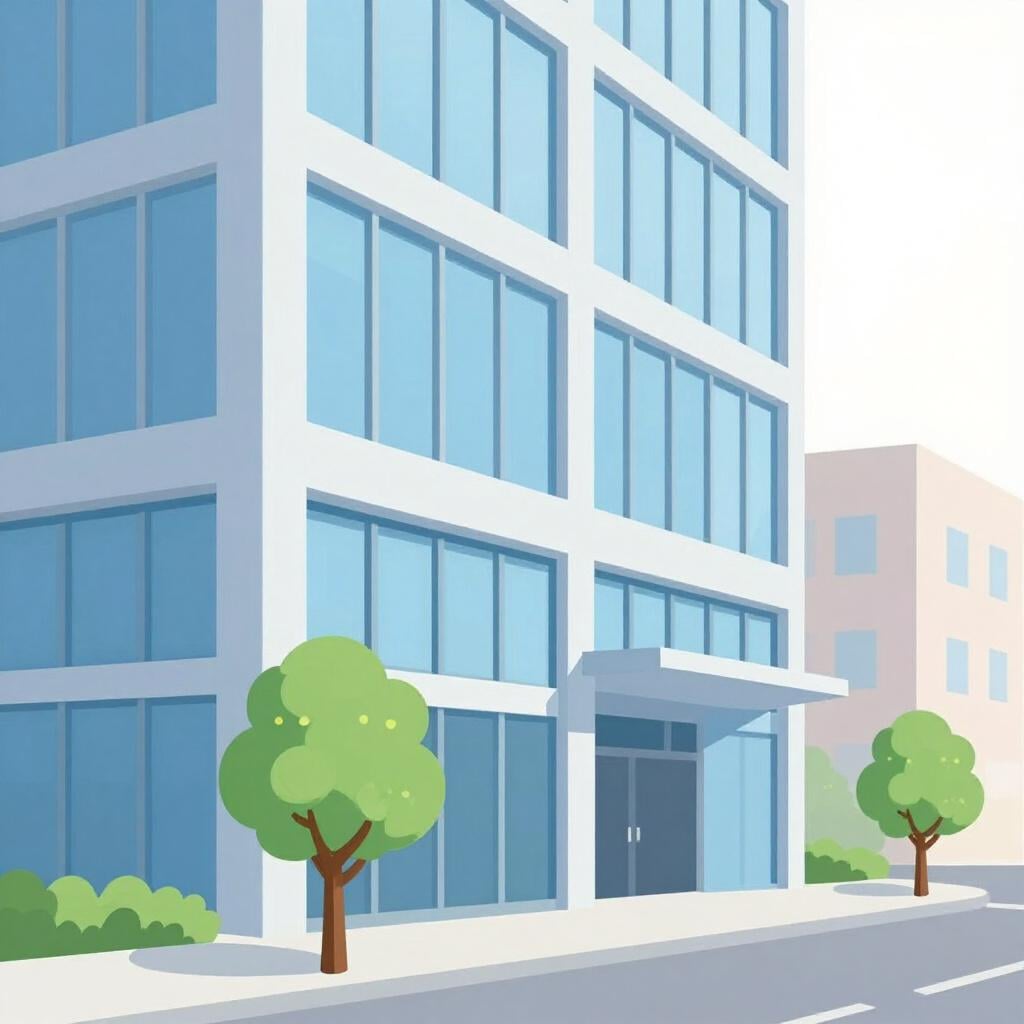 Un grand immeuble de bureaux moderne avec des fenêtres en verre et un petit arbre devant.
