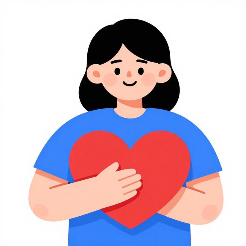 Una persona con un viso felice che tiene un grande cuore rosso al petto.