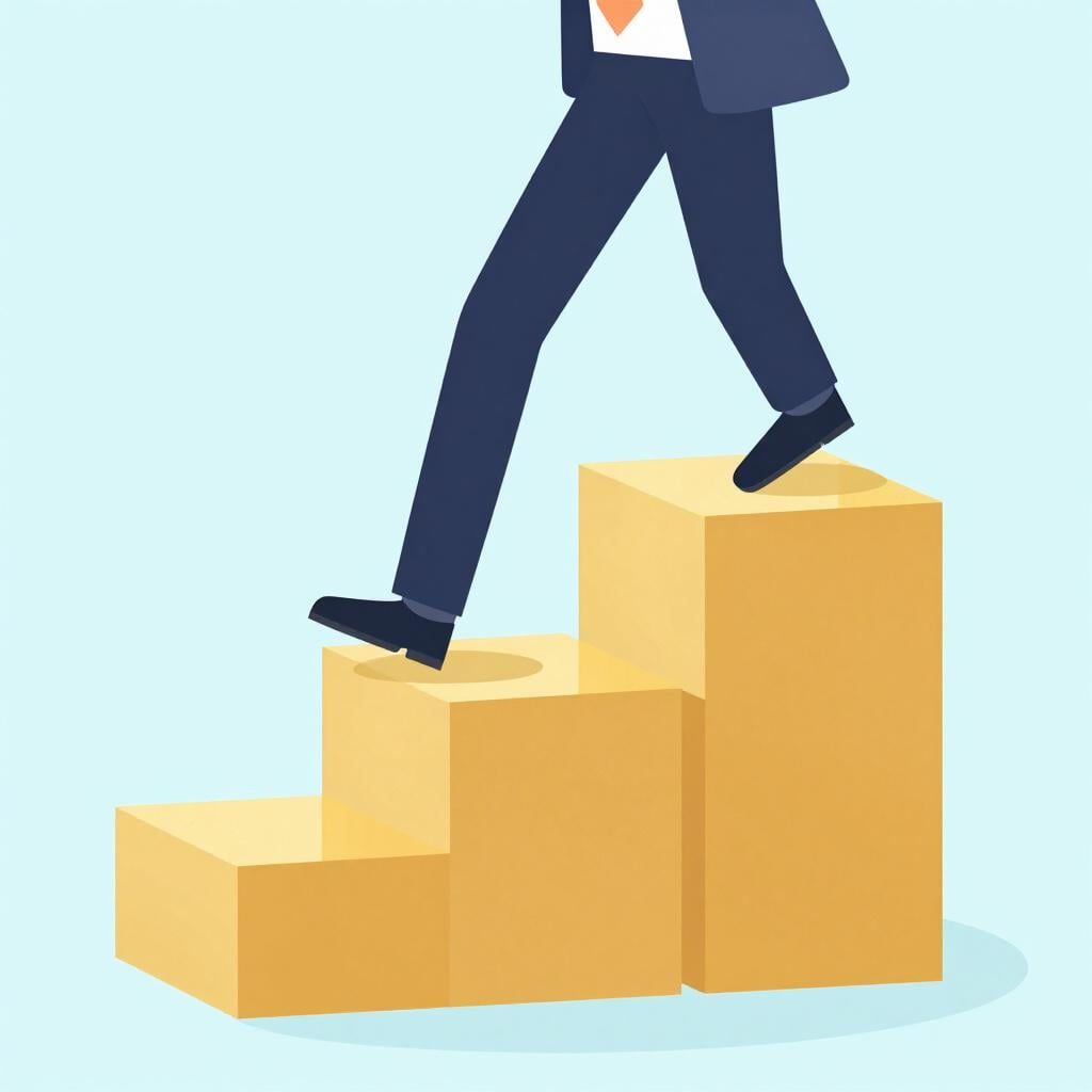 A person in a professional suit stepping up onto a golden pedestal higher than the others.