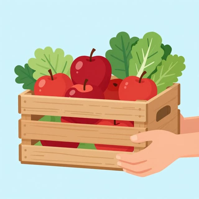 新鮮な赤いリンゴと緑の野菜で満たされた木箱が手渡されている様子。