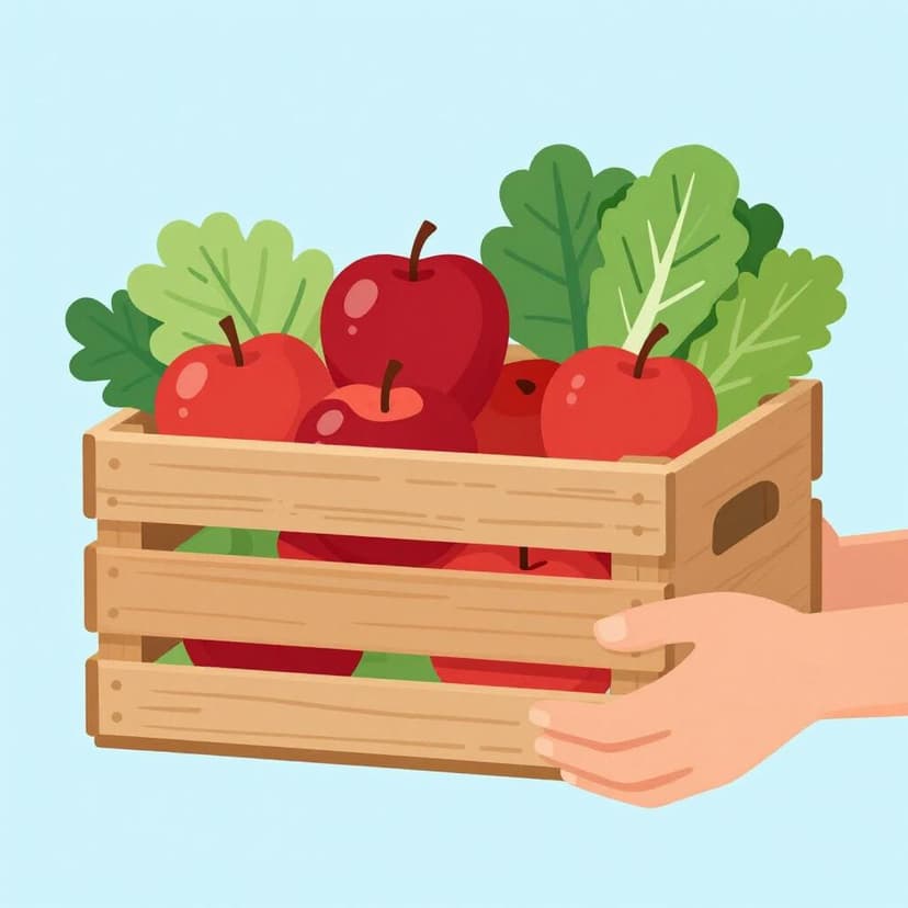 Eine Holzkiste, überfüllt mit frischen roten Äpfeln und grünem Gemüse, die gerade übergeben wird.
