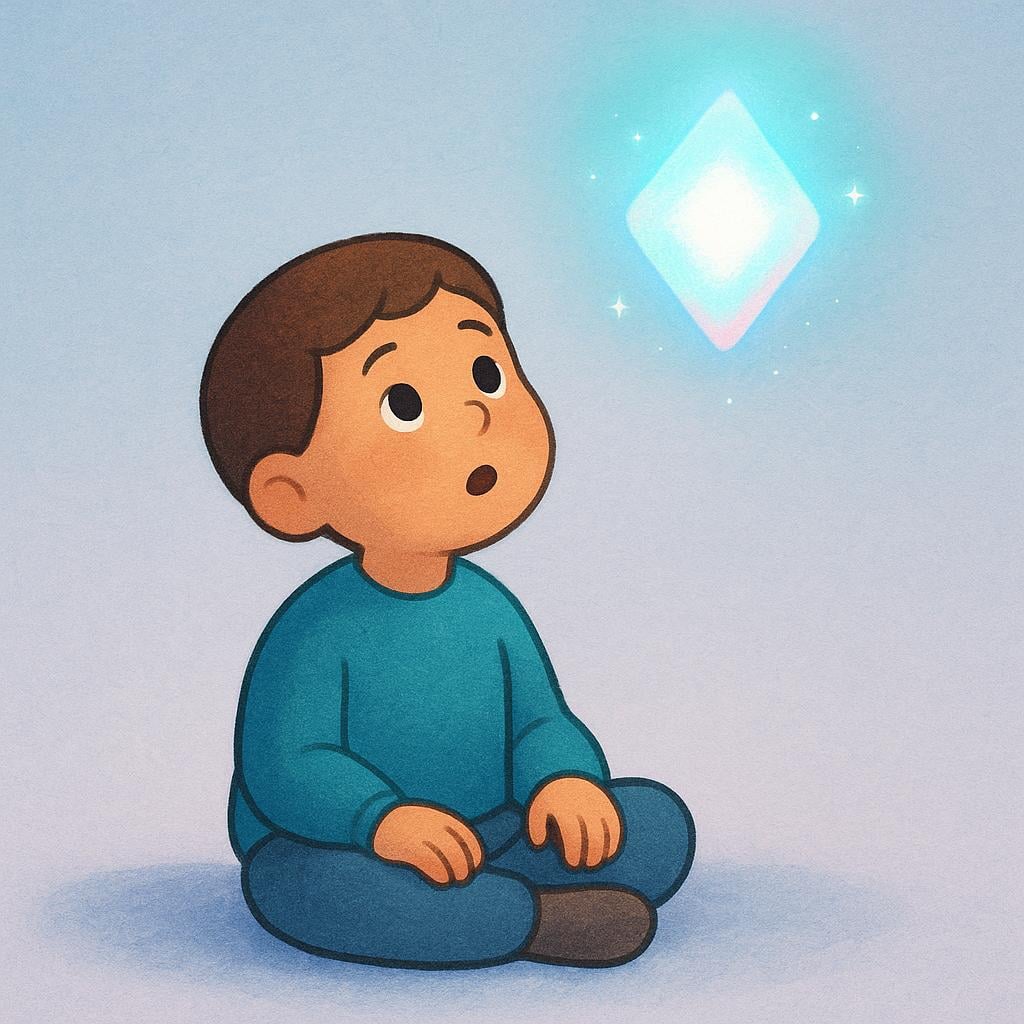 A single figure sitting quietly, looking up with a surprised and thoughtful expression at a brightly glowing, simple abstract shape floating nearby, symbolizing new awareness.