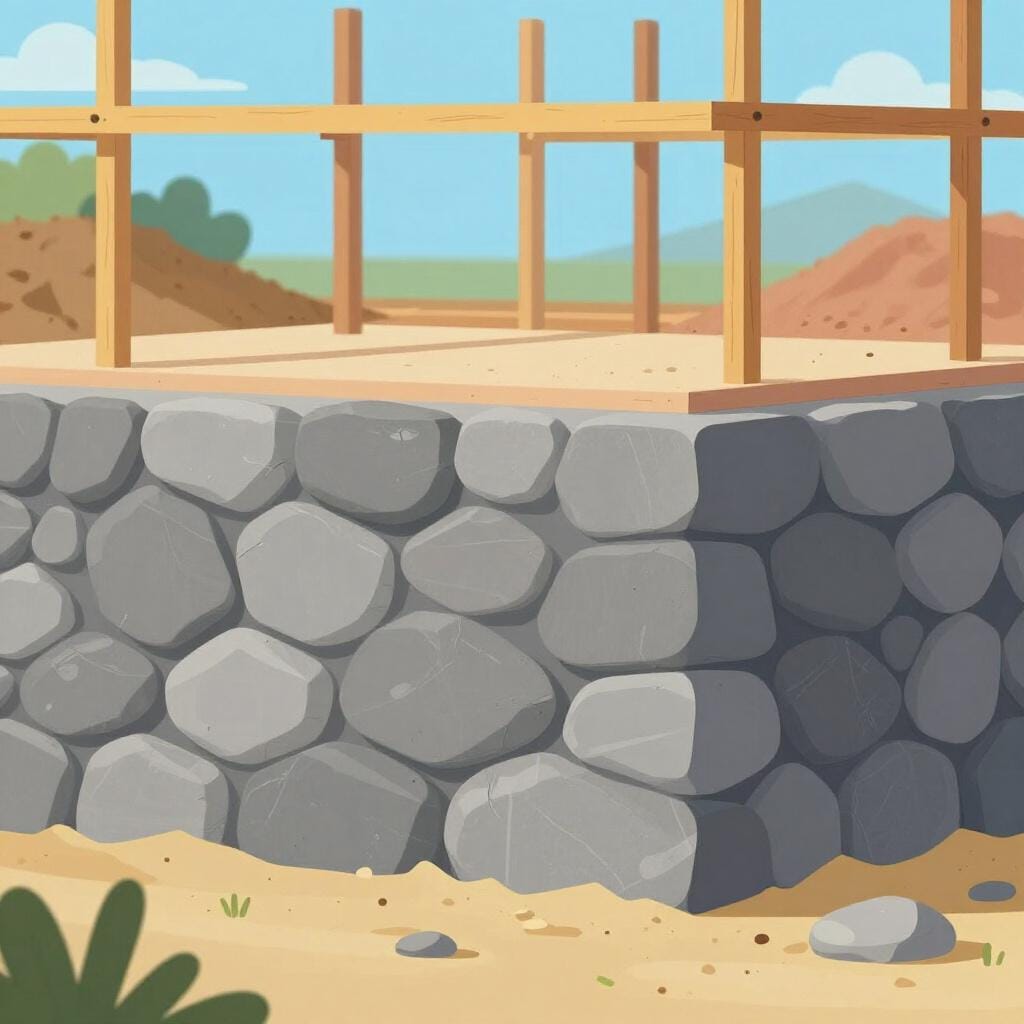 Een stevige stenen fundering die wordt gelegd voor een huis.