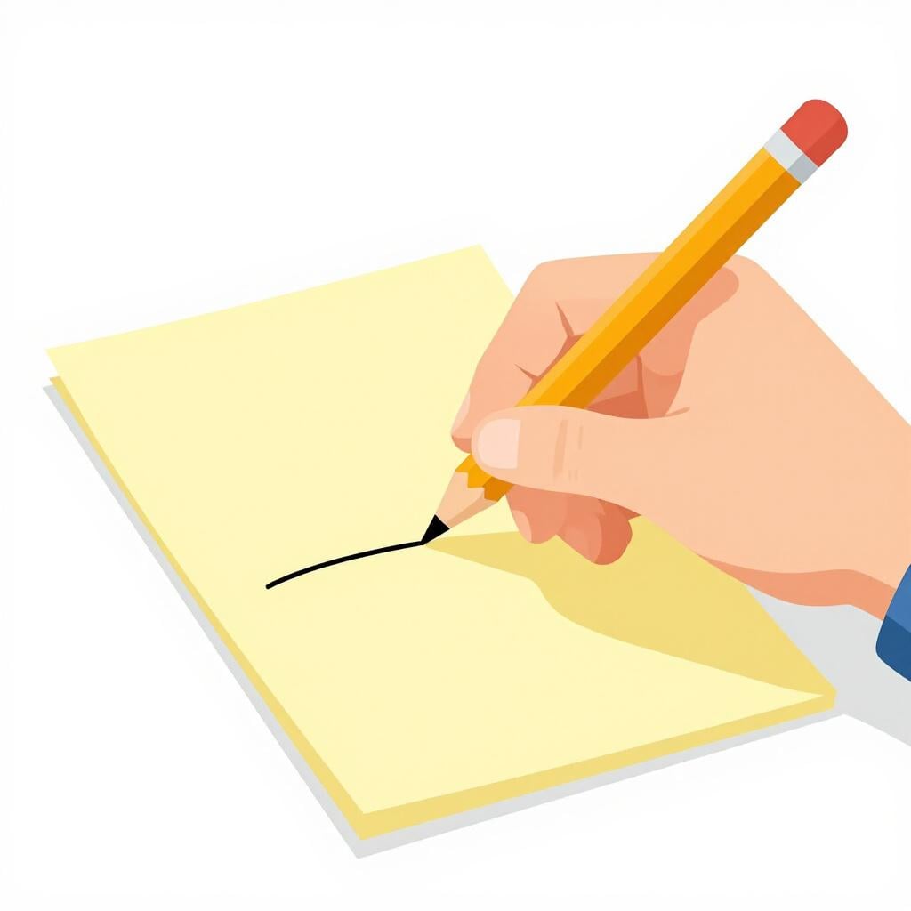 A hand holding a pencil and writing a simple note on a small piece of yellow paper.
