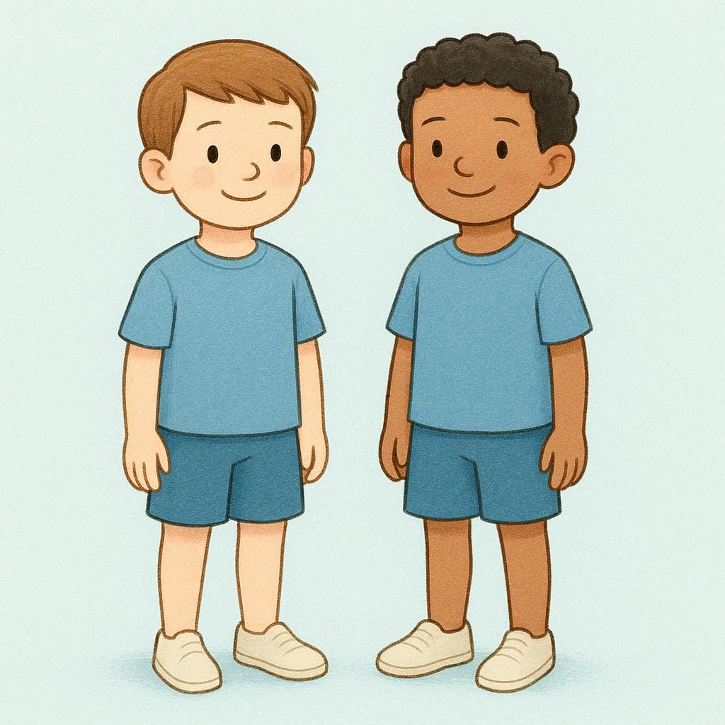 Due ragazzi in piedi fianco a fianco, entrambi vestiti con semplici camicie e pantaloni.