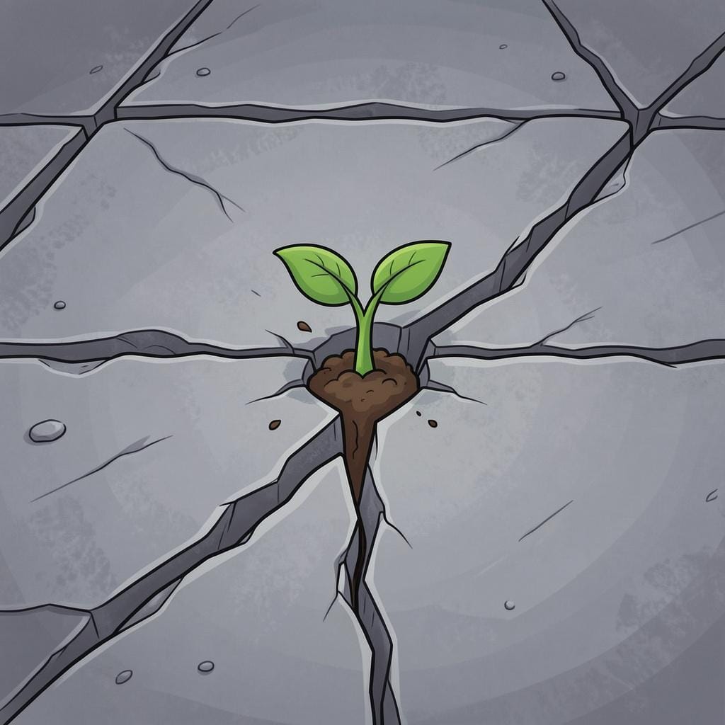 A small plant sprouting through a crack in a solid stone pavement under a bright sun.