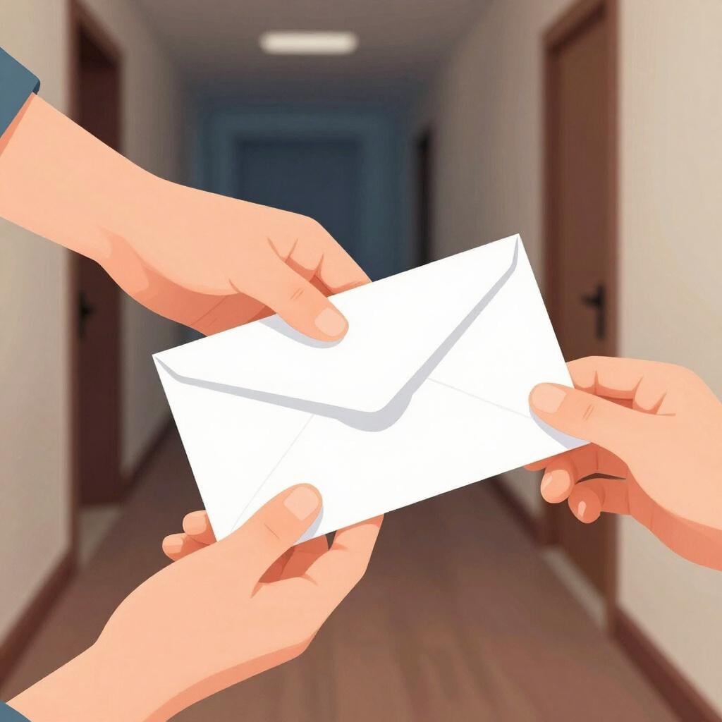 One person discreetly handing a thick envelope to another person in a shadowy hallway.