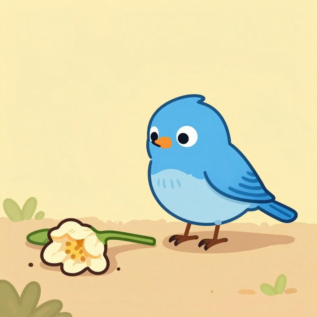 A small bird with a single tear on its cheek looking down at a wilted flower.