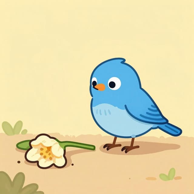 A small bird with a single tear on its cheek looking down at a wilted flower.