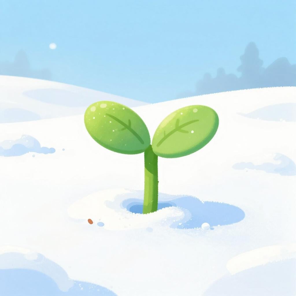 A small green plant sitting alone in the middle of a snowy field without any cover.