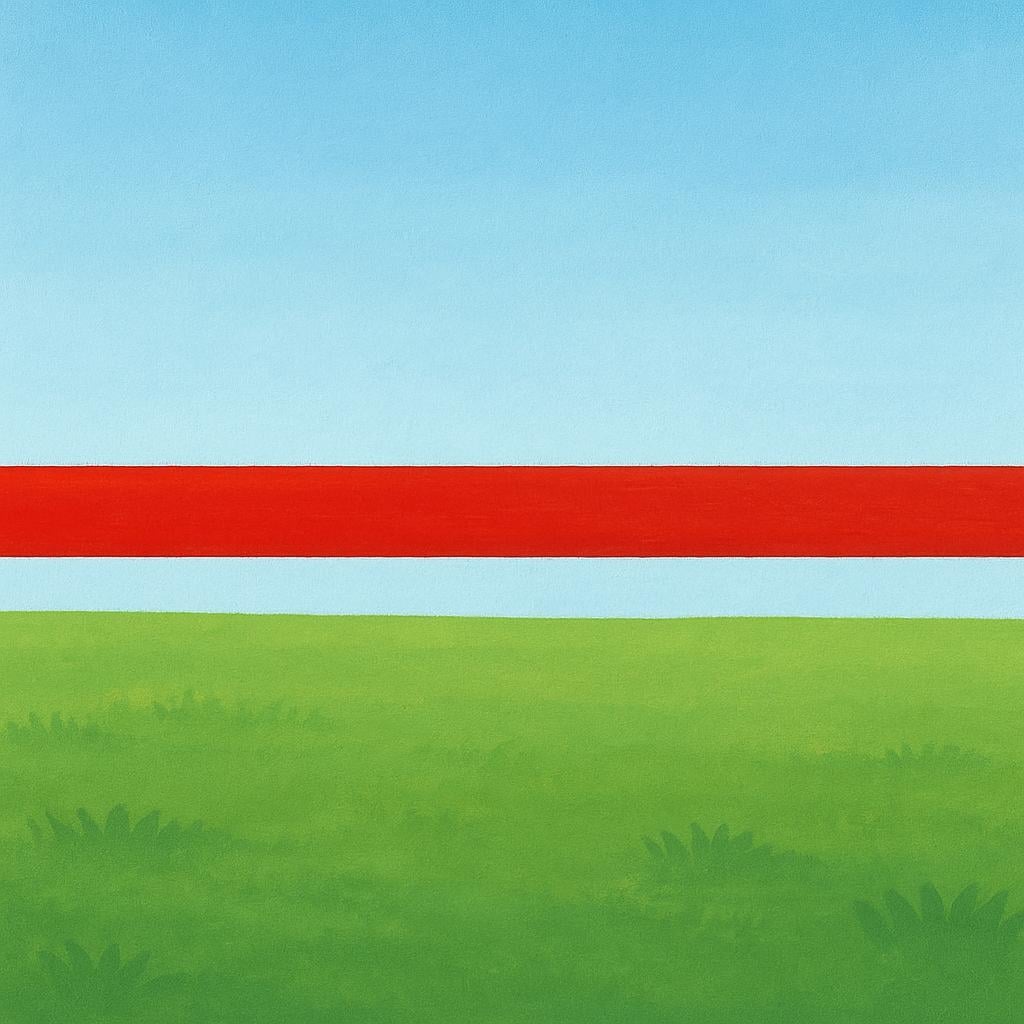 A clear, thick red line painted across a green path, acting as a simple, visual boundary.