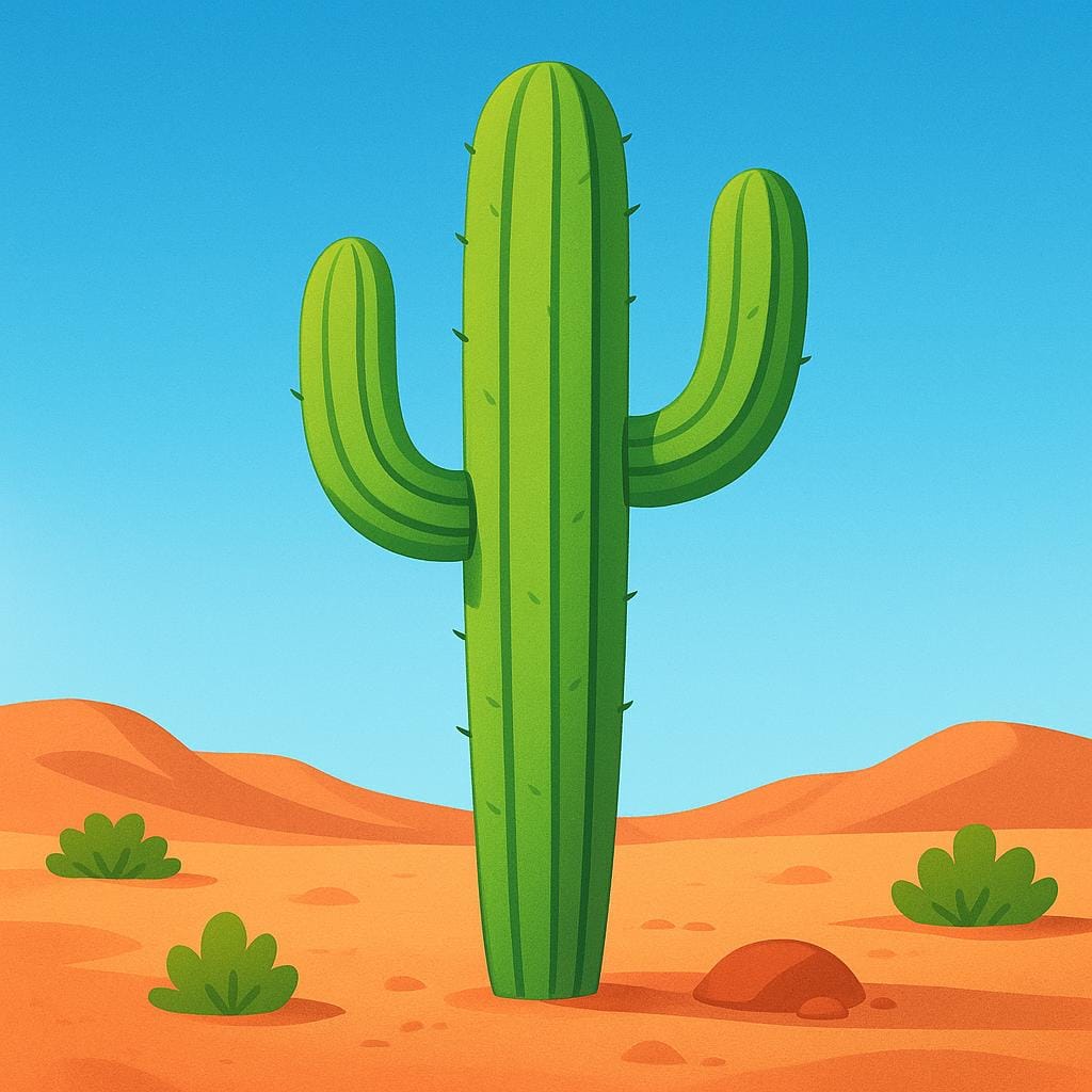 An illustration of a tall saguaro cactus alone in a sparse, reddish desert under a clear, bright blue sky.