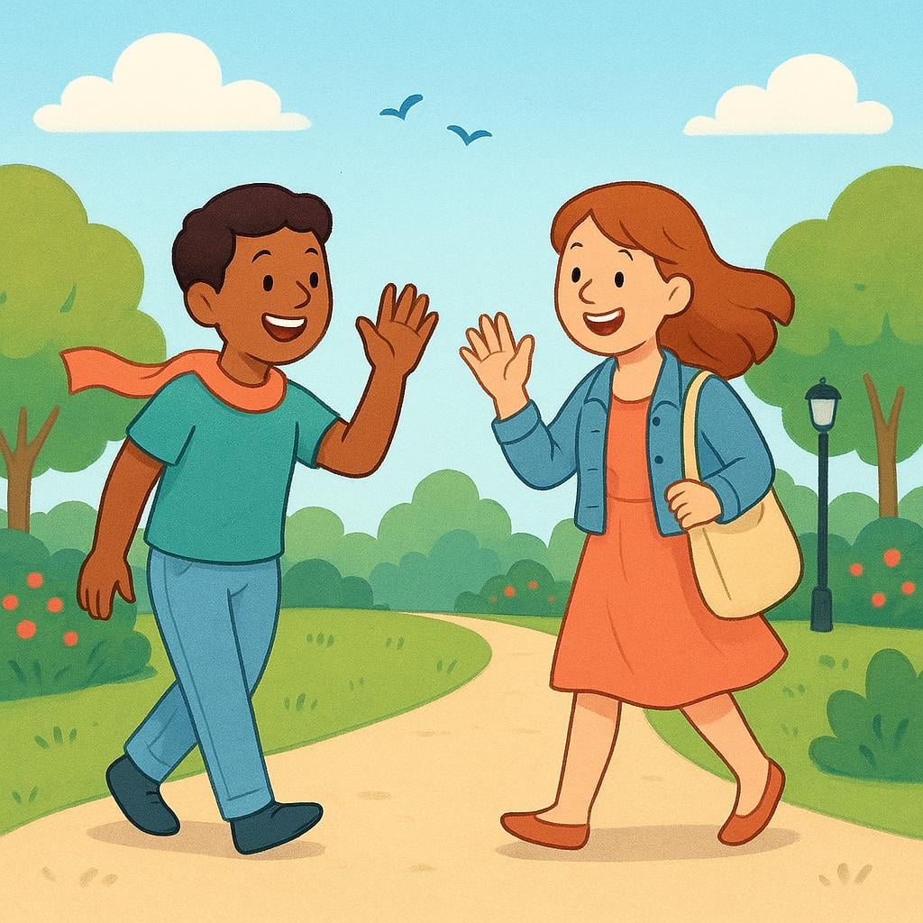 Two friendly cartoon figures happily greeting each other with waves in a sunny park path, illustrating a planned meeting.