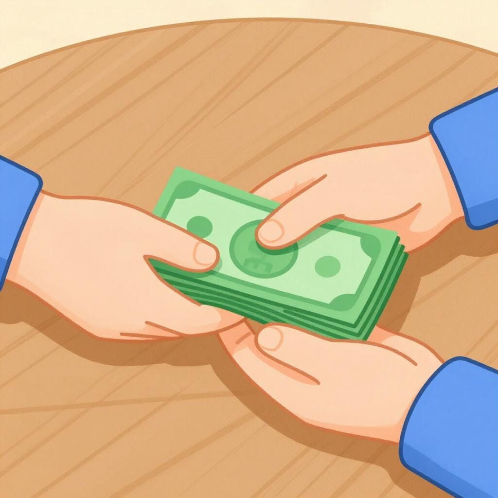 Een hand die discreet een stapel gevouwen bankbiljetten aan een andere hand onder een houten tafel doorgeeft.