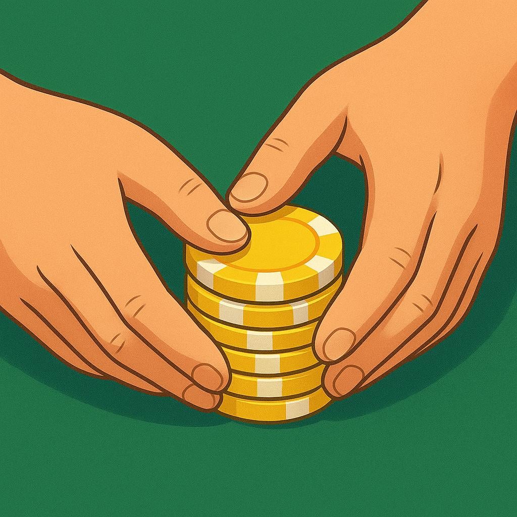 Two adult hands placing a stack of golden poker chips onto a green felt table, representing betting.