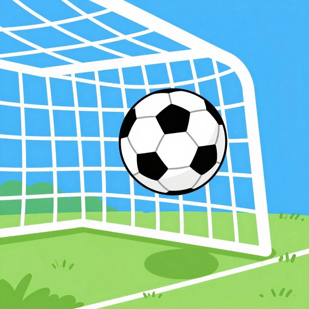 A soccer ball flying into a white net on a green field.