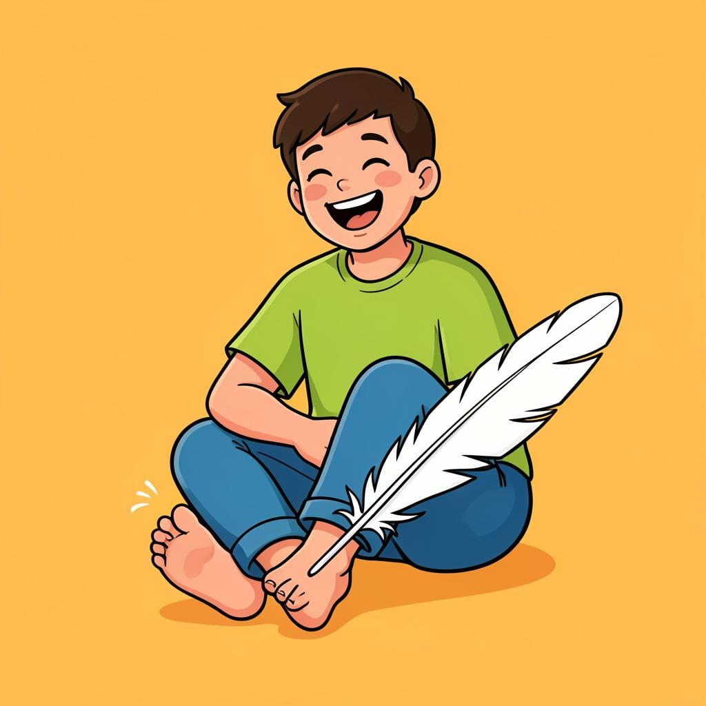 A cheerful illustration of a person laughing while their feet are being tickled by a large, soft feather.