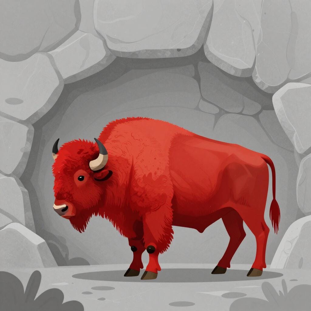 A simple cave painting of a bison on a rough stone wall.