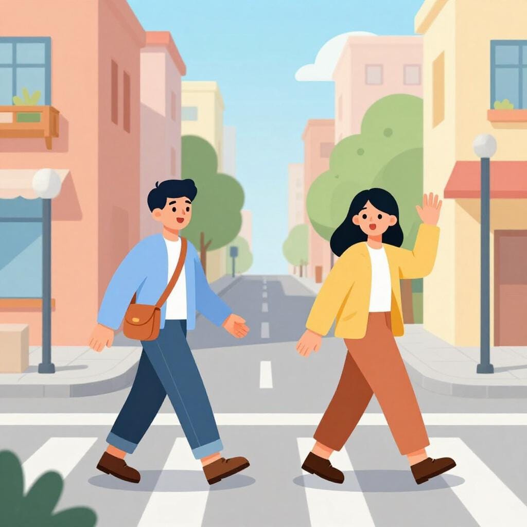 賑やかな歩道で、驚いた表情でお互いに手を振る二人の友人。