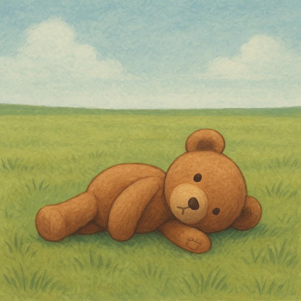 A high quality simple colorful storybook illustration showing a small, worn teddy bear lying alone on a patch of green grass, symbolizing loss.