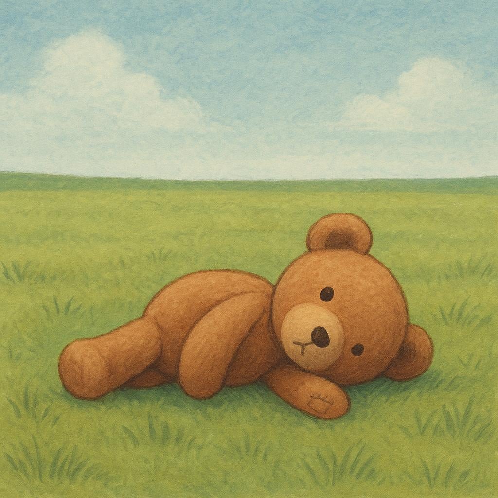 A high quality simple colorful storybook illustration showing a small, worn teddy bear lying alone on a patch of green grass, symbolizing loss.