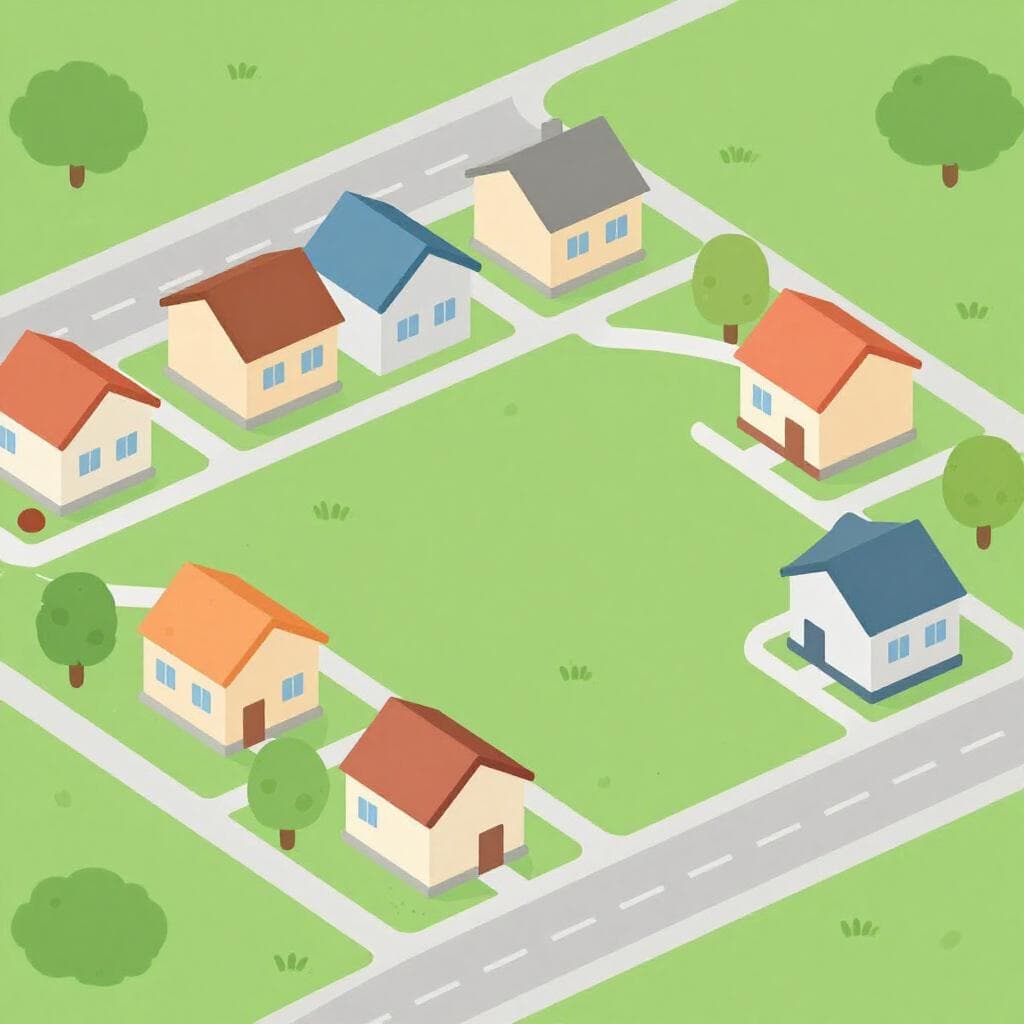 A row of identical colorful houses with neat green lawns and a paved street.