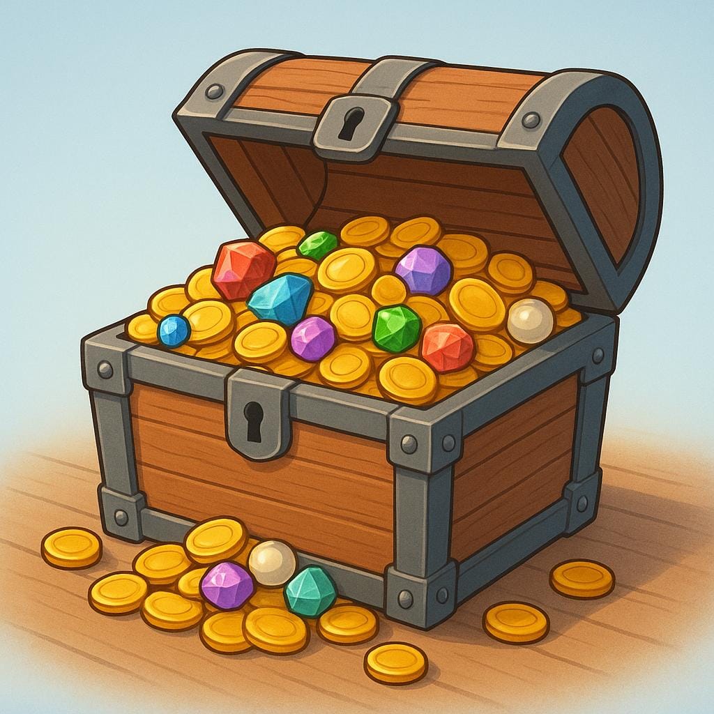 Een eenvoudige illustratie van een enorme, open houten schatkist die overloopt van glimmende gouden munten en kleurrijke juwelen.