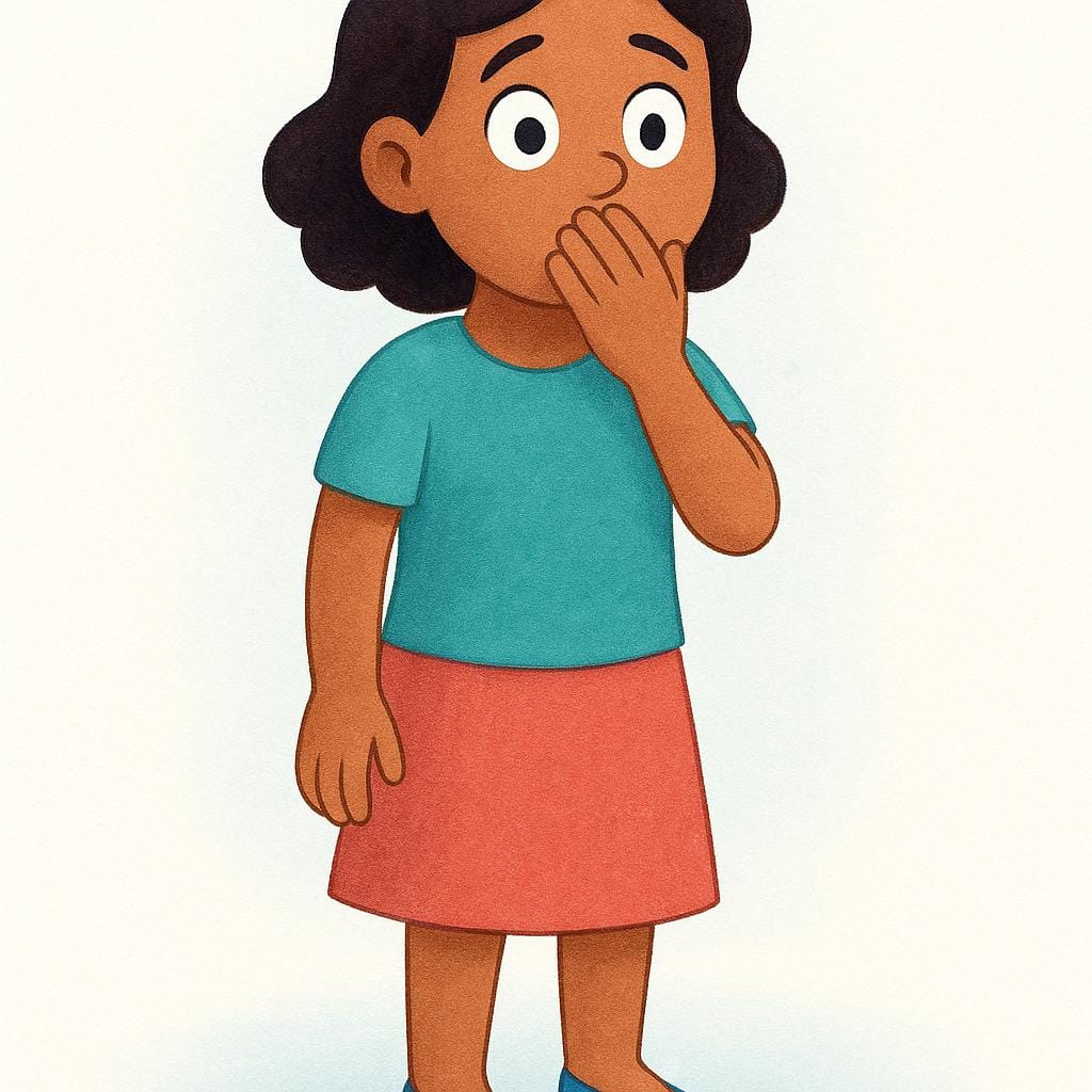 A storybook illustration of a person with wide eyes and their hand covering their mouth, displaying intense surprise or emotional distress.