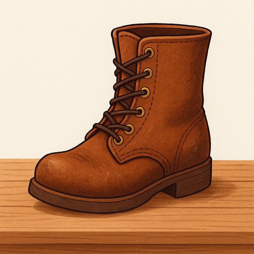 A durable, sturdy brown leather boot that looks old but is still completely intact and in excellent, usable condition.