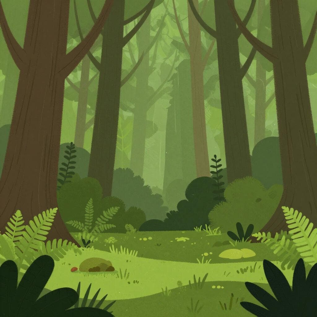A lush, dense green woods with sunlight filtering through the leaves of tall trees.