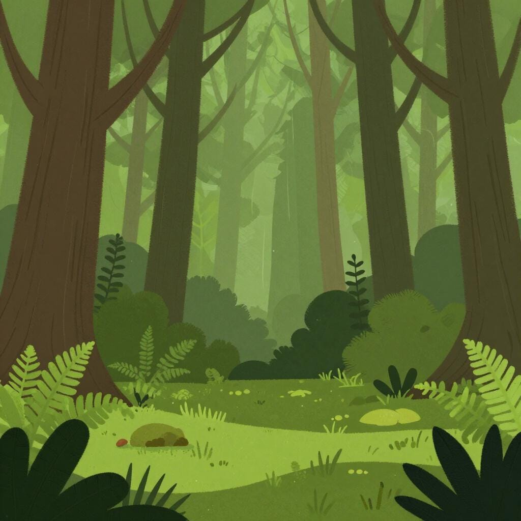 A lush, dense green woods with sunlight filtering through the leaves of tall trees.