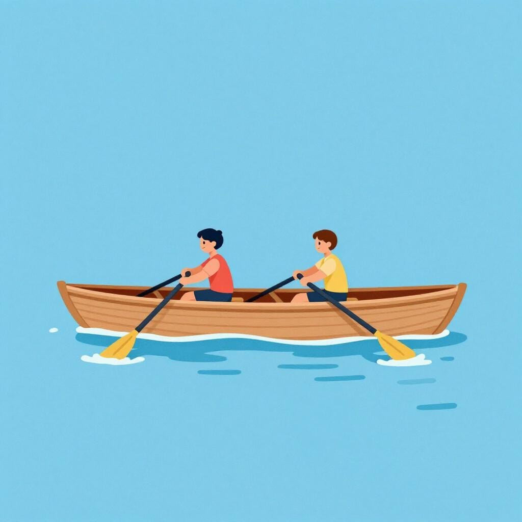 A pair of rowers in a boat moving their oars in perfect unison.