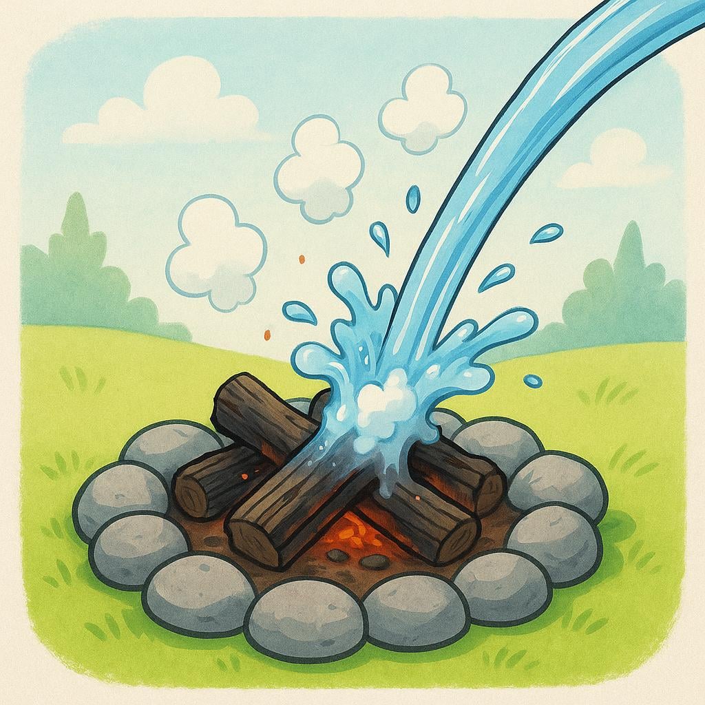 A small campfire that has just been extinguished. Water is hitting the embers, causing white smoke to rise instead of flames.