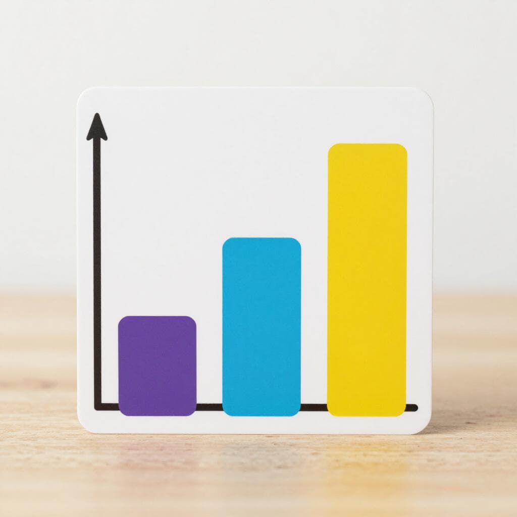 Ein bunter Balken-Chart mit drei Balken unterschiedlicher Höhe auf einem Holztisch.