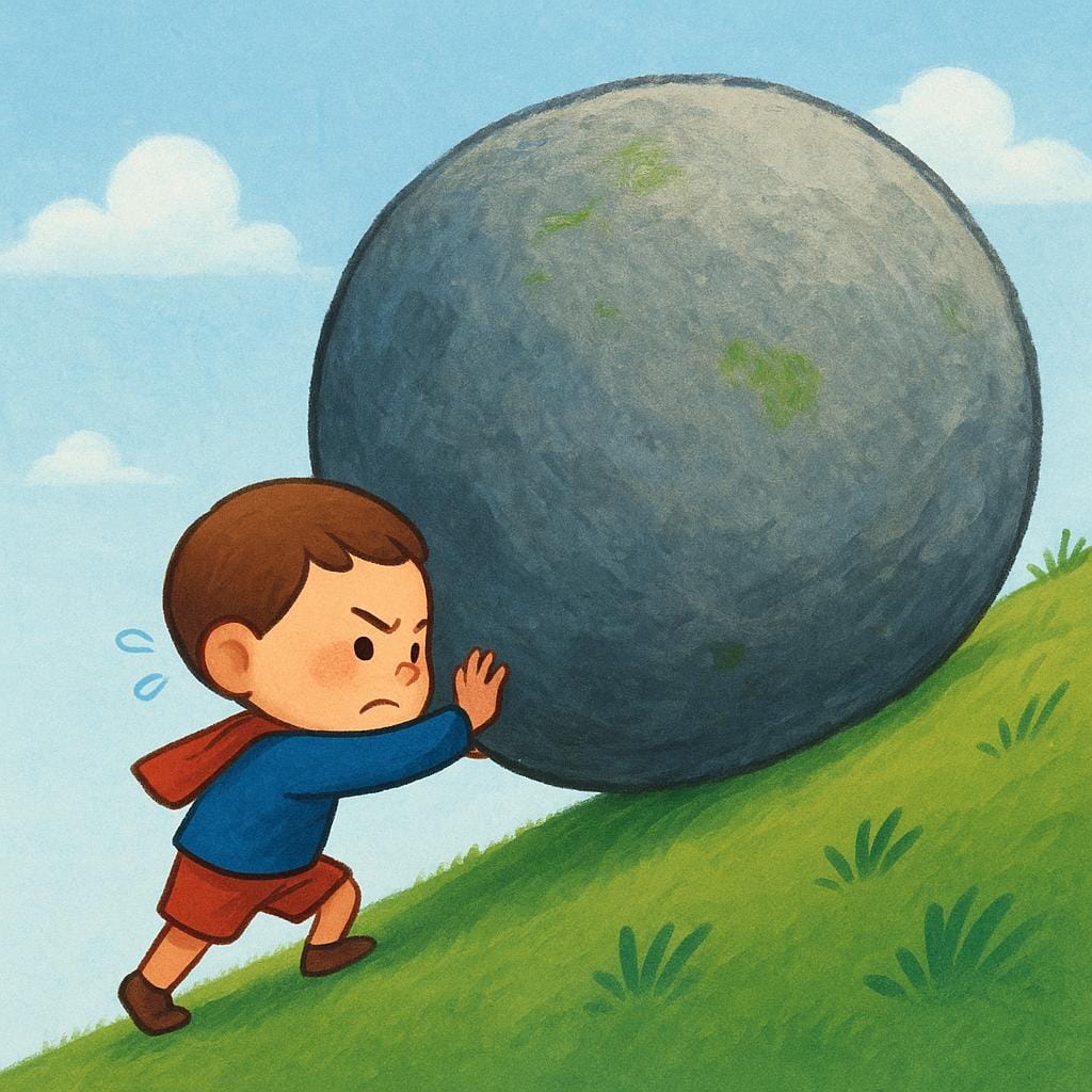 A determined cartoon character pushing a massive, heavy boulder up a steep, grassy hill, demonstrating the concept of required effort.