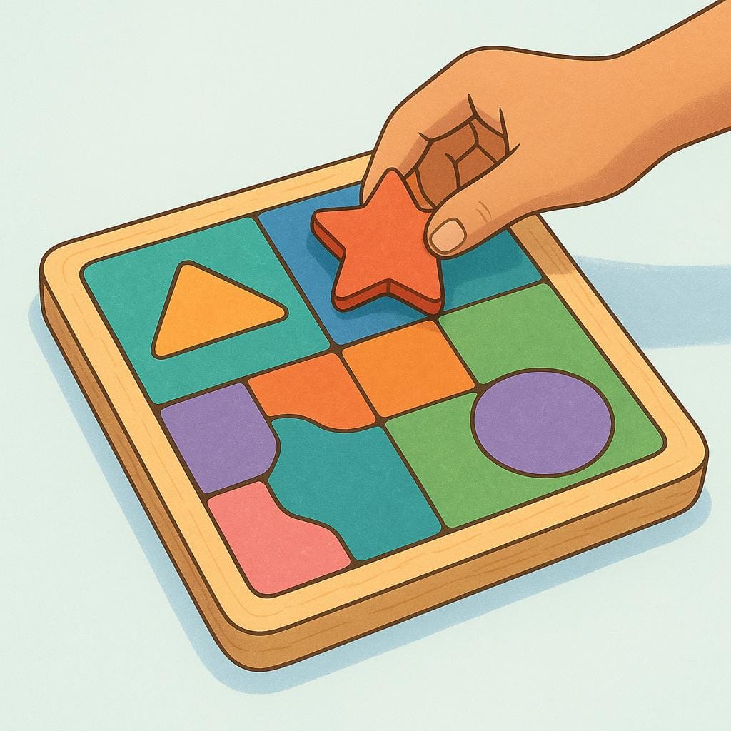 A hand inserting the final, star-shaped piece into a completely filled, simple wooden puzzle.