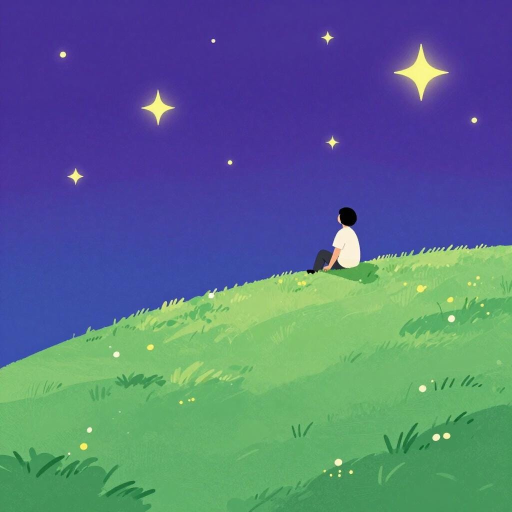 Una persona seduta tranquillamente su una collina erbosa che guarda un vasto cielo stellato.