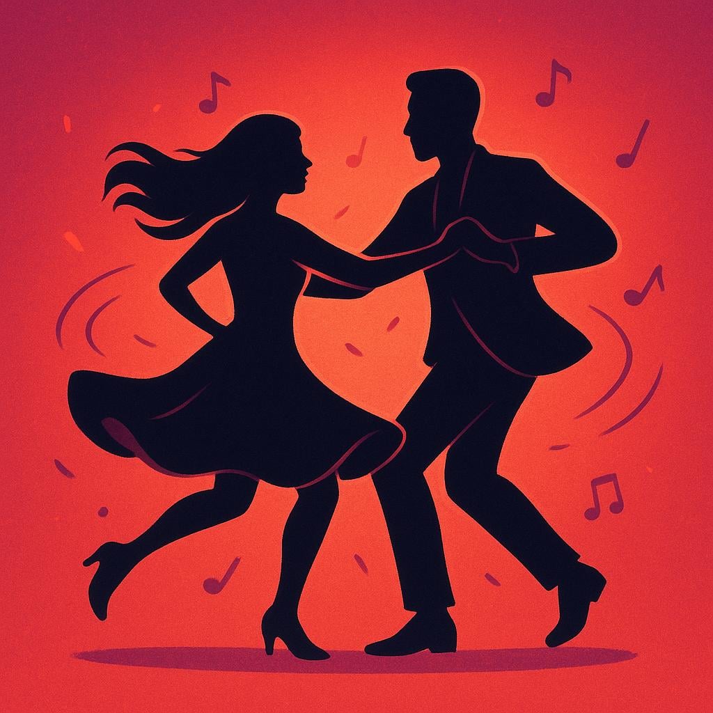 A dynamic illustration of a couple mid-step, passionately dancing the salsa, characterized by flowing movement and high energy.