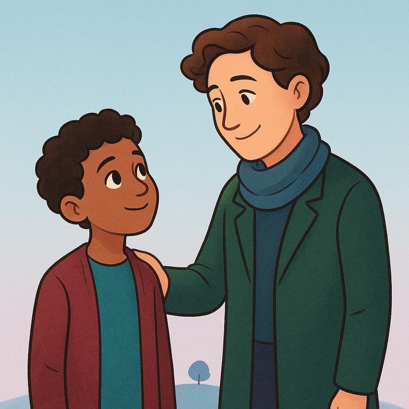 A small child looks up with deep admiration and reverence at a slightly taller adult mentor figure who is smiling kindly. The scene is brightly colored.