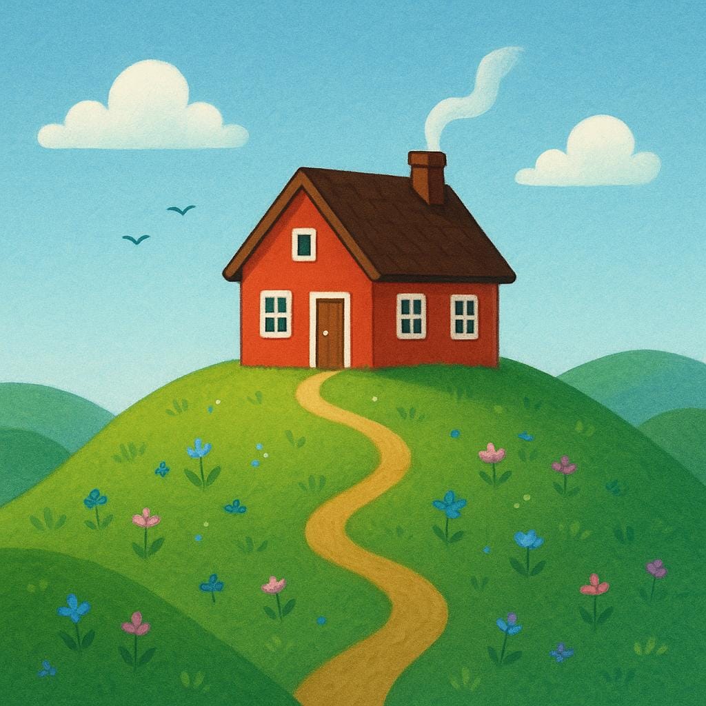 A simple storybook drawing showing a red cottage perfectly positioned on the crest of a green, rolling hill.