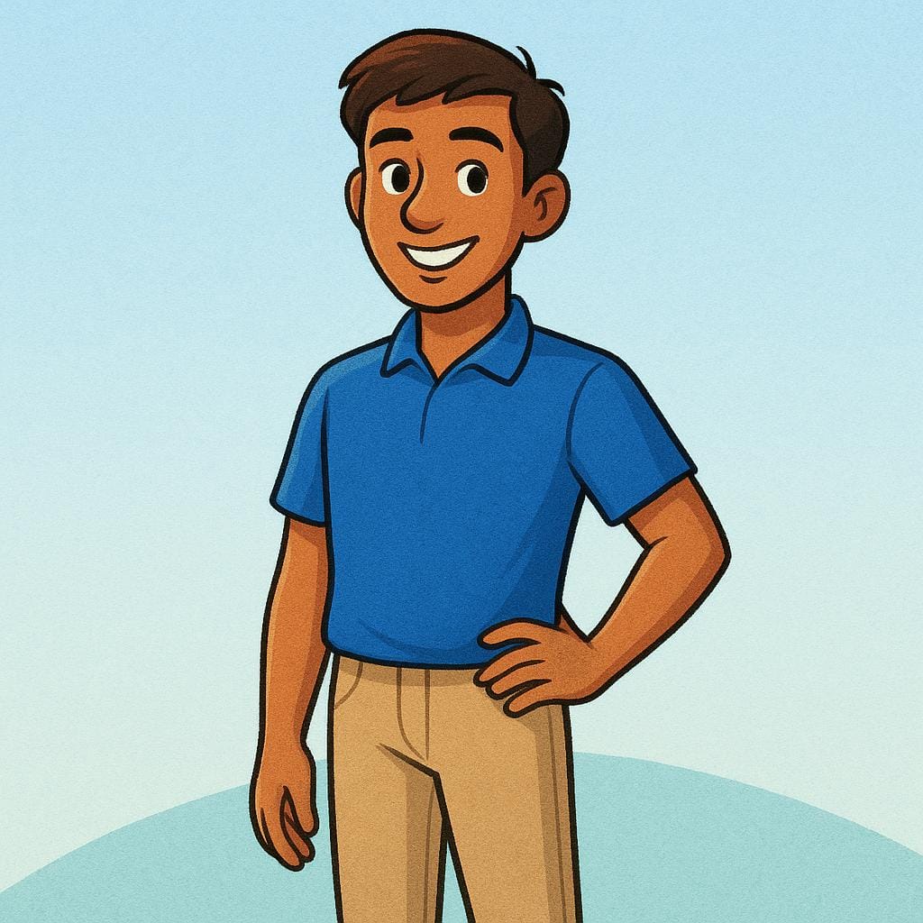 A friendly, confident young adult character standing upright and smiling brightly while wearing a simple, stylish blue shirt.