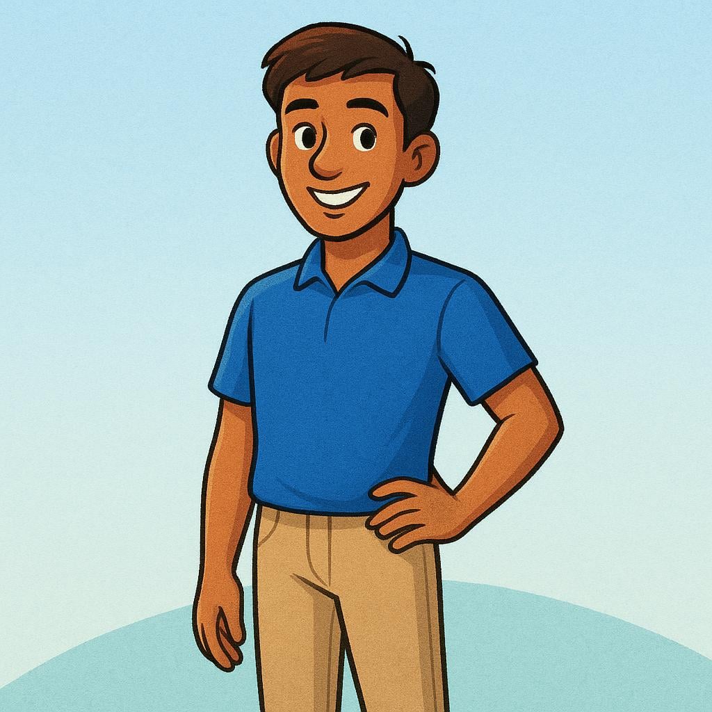 A friendly, confident young adult character standing upright and smiling brightly while wearing a simple, stylish blue shirt.
