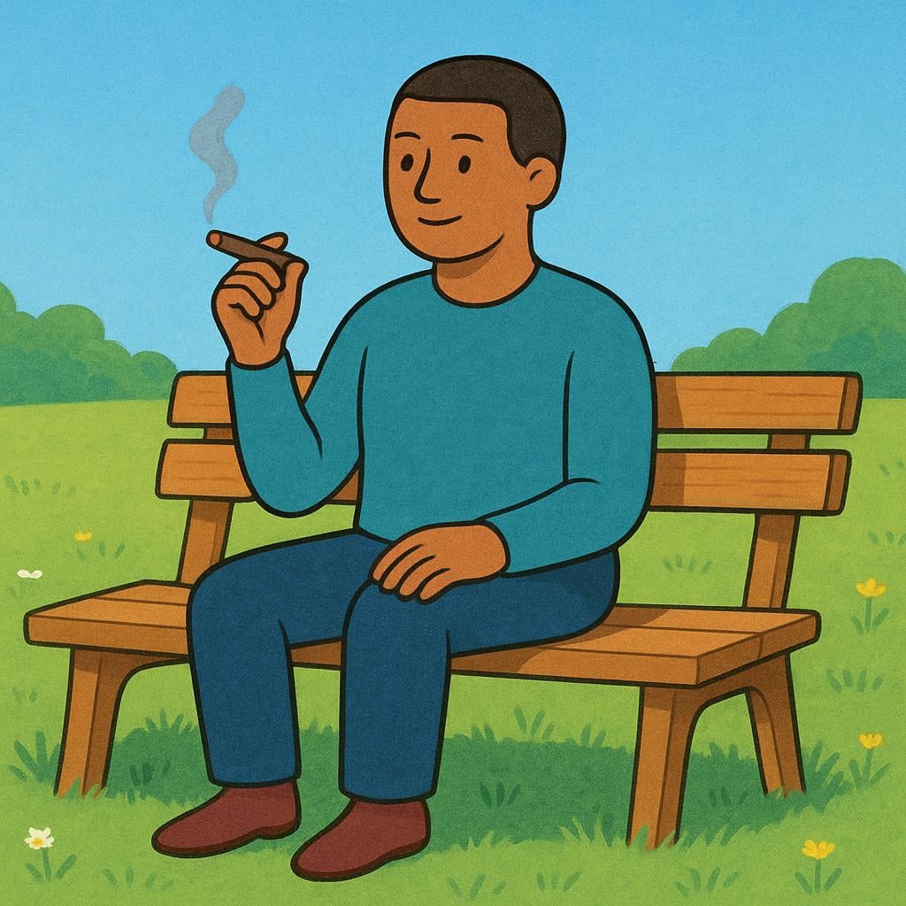 A person sitting on a park bench holding a lit cigar with a small puff of smoke rising from it.