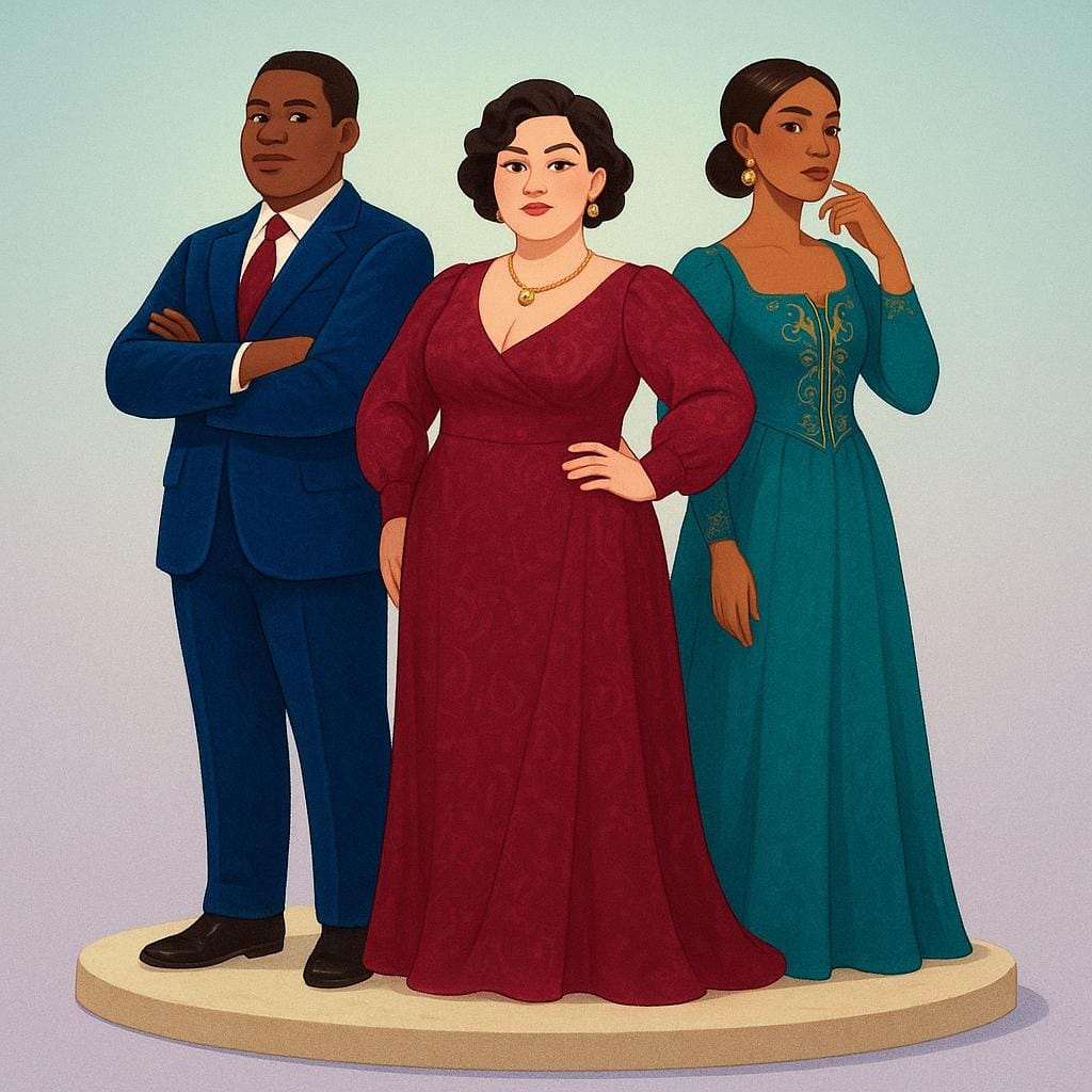 A small group of three people, dressed in luxurious, formal attire, standing close together on a slightly raised platform, symbolizing an exclusive and powerful clique.