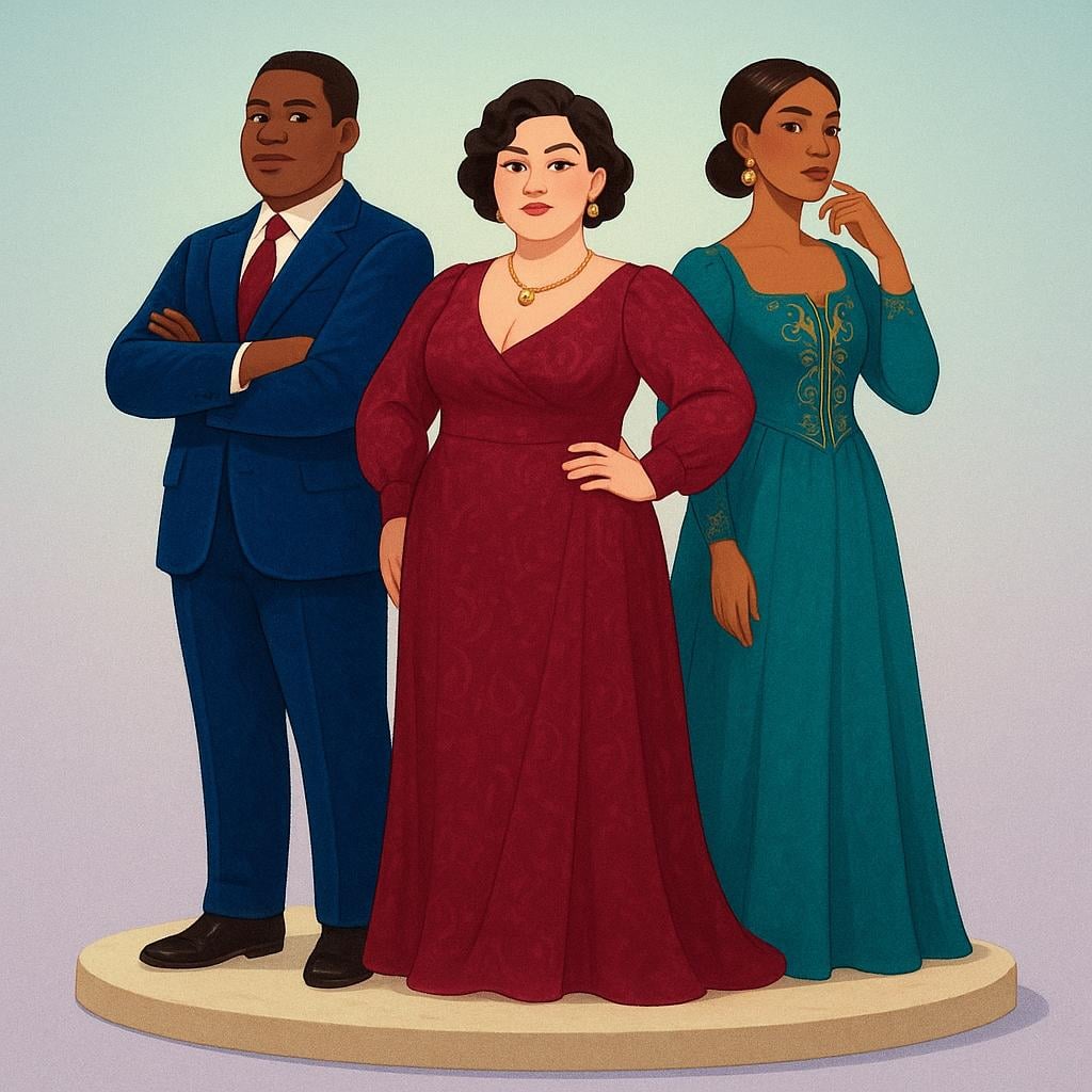 A small group of three people, dressed in luxurious, formal attire, standing close together on a slightly raised platform, symbolizing an exclusive and powerful clique.