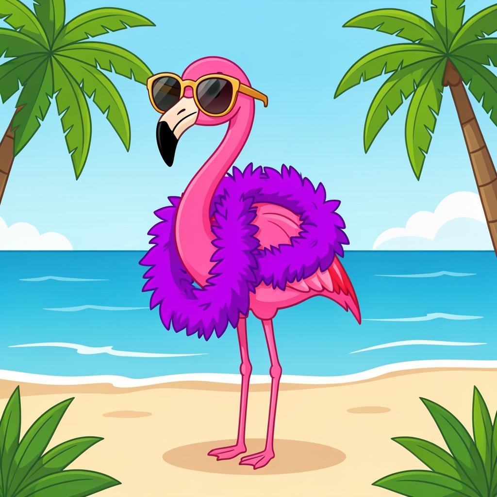 A vibrant, bold pink flamingo wearing oversized golden sunglasses and a colorful feather boa.